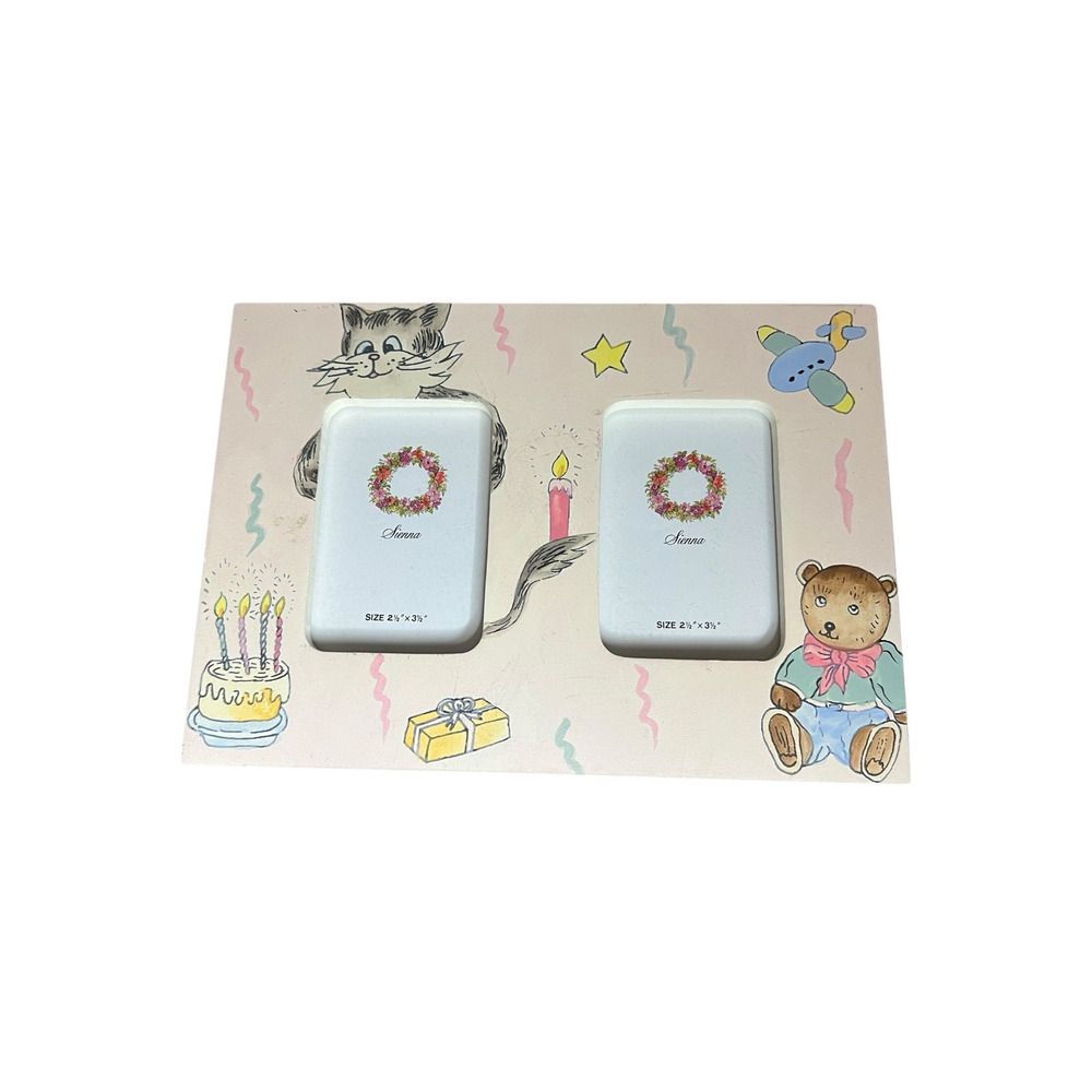 Sierra Cat &‎ Bear 2 Slot Birthday Baby Photo Frame New 2 1/2 in x 3 1/2in Photo